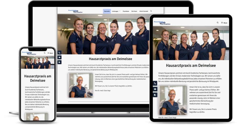 Drei Screens (Desktop, Tablet, Smartphone) mit der Startseite der Website Praxis-Plus.