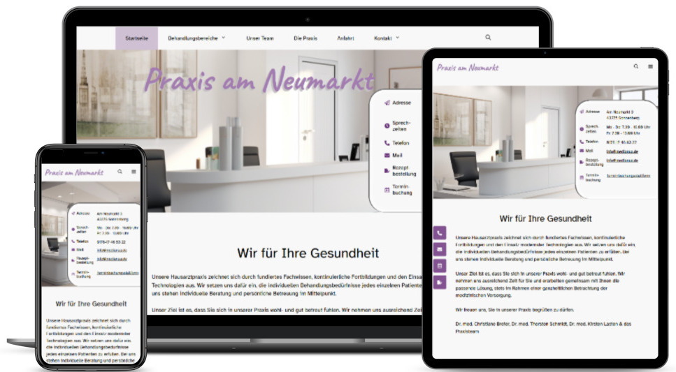 Drei Screens (Desktop, Tablet, Smartphone) mit der Startseite der Website Praxis-Premium.